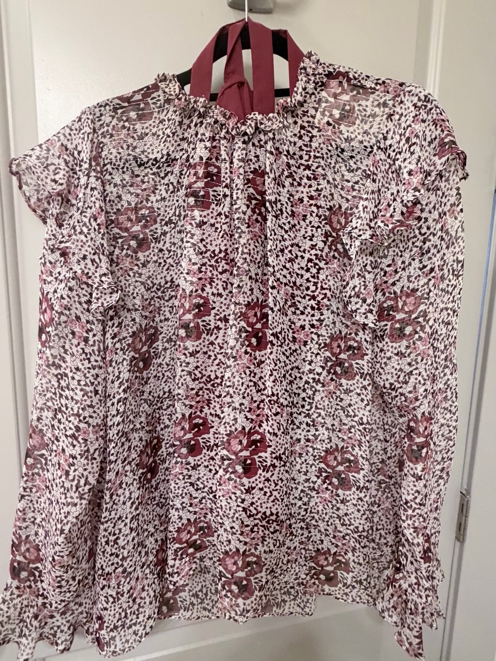 Shoshanna Rose-Pink Floral Ruffle-Neck Blouse